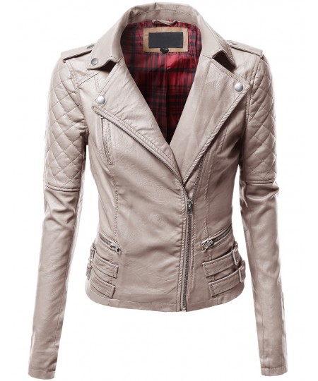 Women's Quilted Sleeve Classic Rider Style Faux Leather Jackets