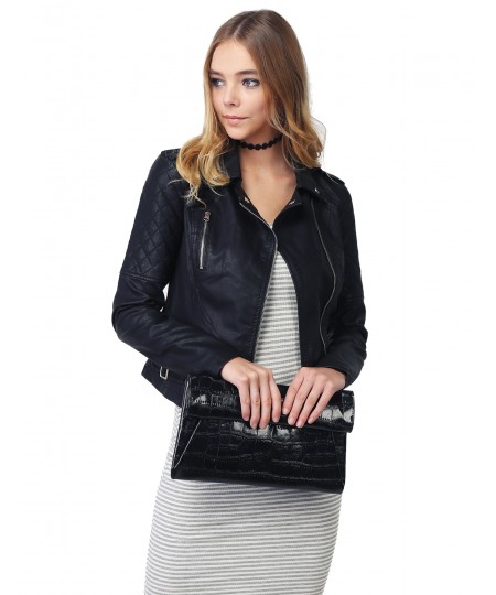 Women's Quilted Sleeve Classic Rider Style Faux Leather Jackets