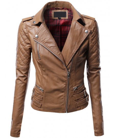 Women's Quilted Sleeve Classic Rider Style Faux Leather Jackets