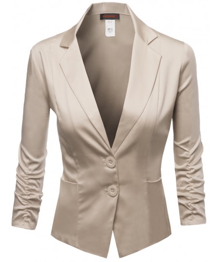 Women's Basic Solid Color Sherring Sleeve Boyfriend Blazer Made In Usa