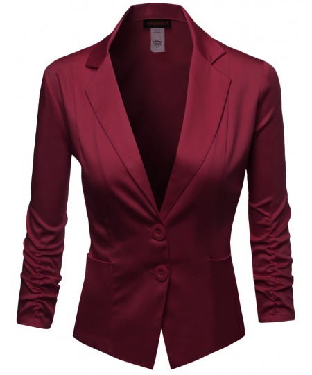 Women's Basic Solid Color Sherring Sleeve Boyfriend Blazer Made In Usa