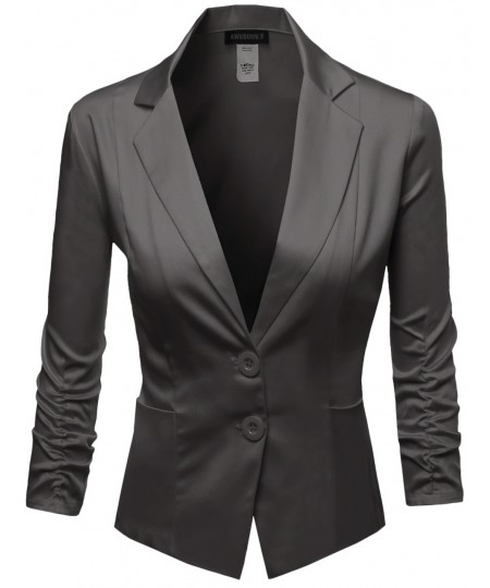 Women's Basic Solid Color Sherring Sleeve Boyfriend Blazer Made In Usa