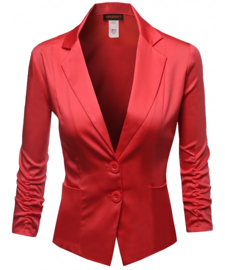 Women's Basic Solid Color Sherring Sleeve Boyfriend Blazer Made In Usa