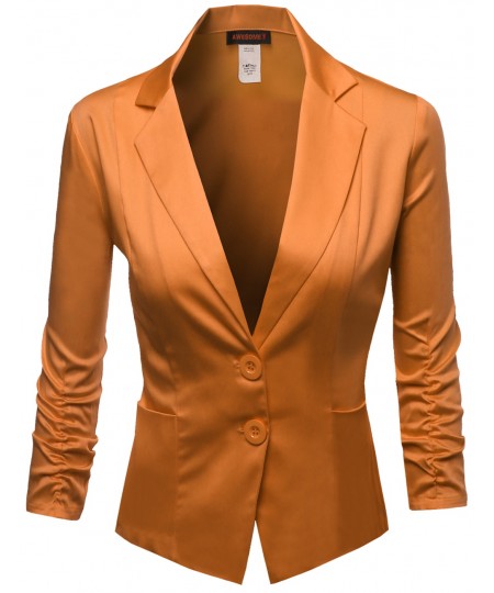 Women's Basic Solid Color Sherring Sleeve Boyfriend Blazer Made In Usa