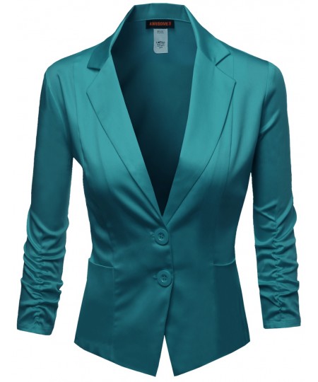 Women's Basic Solid Color Sherring Sleeve Boyfriend Blazer Made In Usa