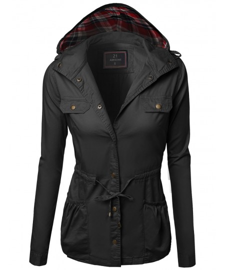 Women's Hooded Drawstring Military Jacket Parka Coat Outerwear