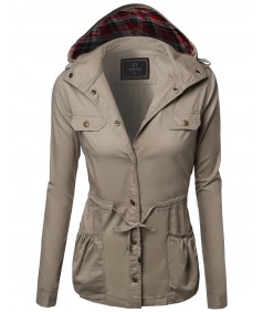 Women's Hooded Drawstring Military Jacket Parka Coat Outerwear