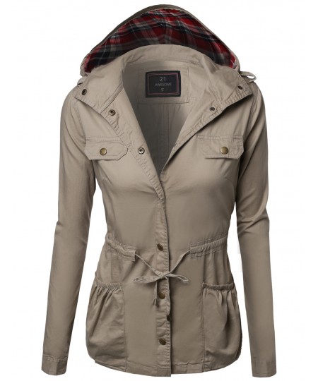 Women's Hooded Drawstring Military Jacket Parka Coat Outerwear