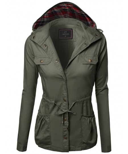 Women's Hooded Drawstring Military Jacket Parka Coat Outerwear