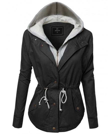 Women's Hooded Drawstring Military Jacket Parka Coat Outerwear