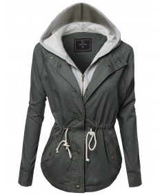 Women's Hooded Drawstring Military Jacket Parka Coat Outerwear