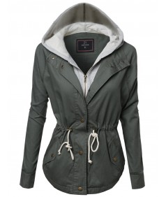 Women's Hooded Drawstring Military Jacket Parka Coat Outerwear