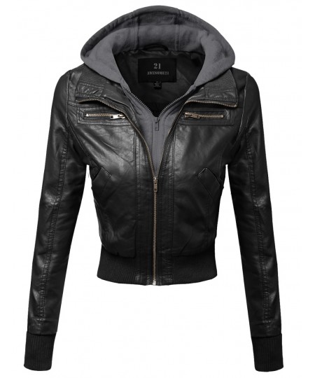 Women's Faux Leather Bomber Military Style Hooded Jacket