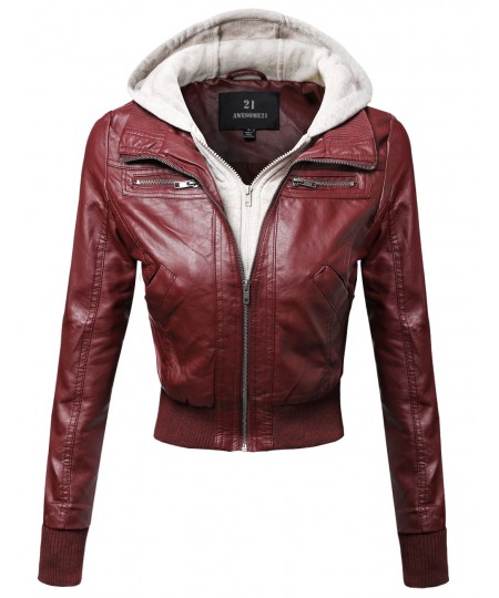 Women's Faux Leather Bomber Military Style Hooded Jacket