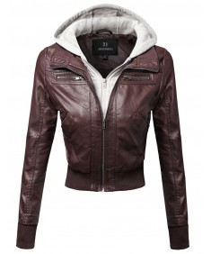 Women's Faux Leather Bomber Military Style Hooded Jacket