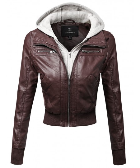 Women's Faux Leather Bomber Military Style Hooded Jacket