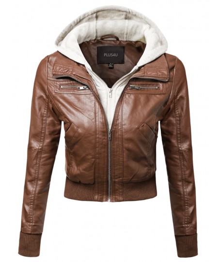 Women's Faux Leather Bomber Military Style Hooded Jacket Plus Size