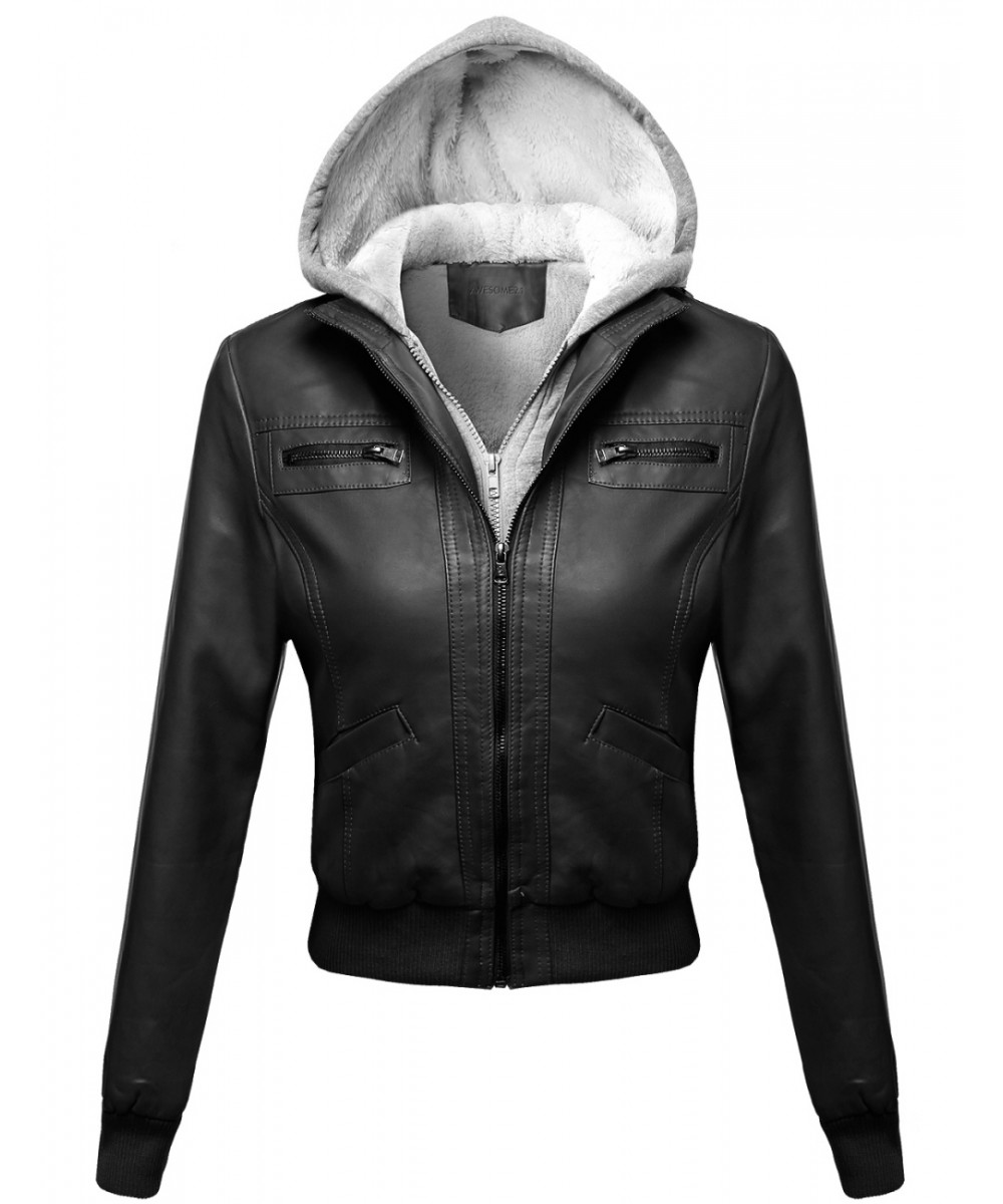 Women's Casual Faux Leather Fur Lined Biker Moto Hooded Jacket ...