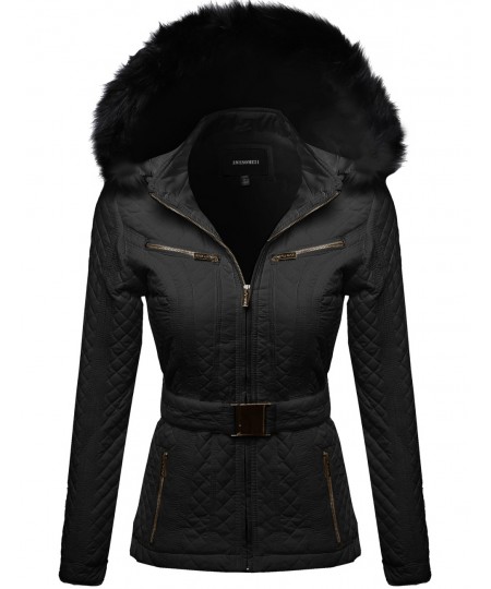 Women's Quilted Fur Lined Lux Gold Zippered Parka