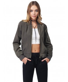 Women's Solid Long Sleeves Zipper Closure Pocket Army Flight Bomber Jacket