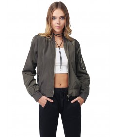 Women's Solid Long Sleeves Zipper Closure Pocket Army Flight Bomber Jacket