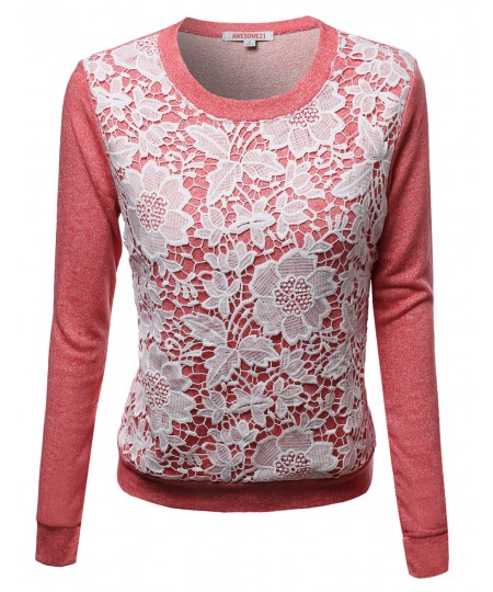 Women's Long Sleeve Floral Crochet Overlay French Terry Top