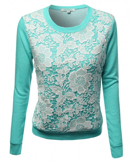 Women's Long Sleeve Floral Crochet Overlay French Terry Top