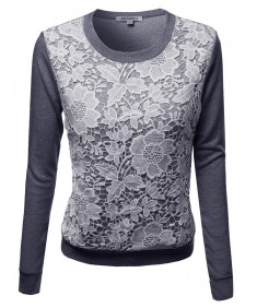 Women's Long Sleeve Floral Crochet Overlay French Terry Top