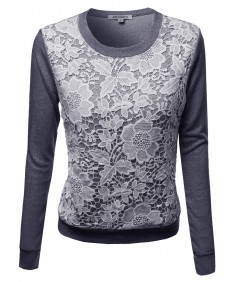 Women's Long Sleeve Floral Crochet Overlay French Terry Top