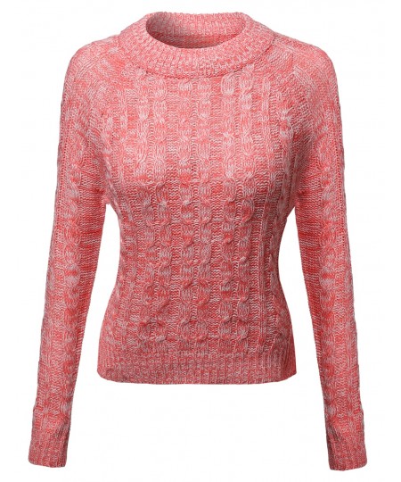 Women's Crew Neck Cable Knit Sweater With Adorable Colors