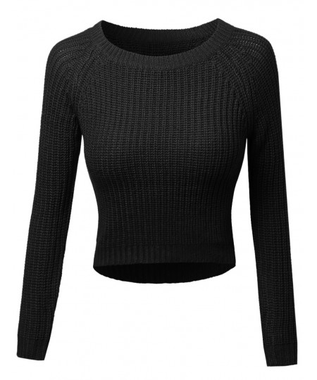 Women's Long Sleeves Round Neck High-Low Knit Crop Top Sweatshirt