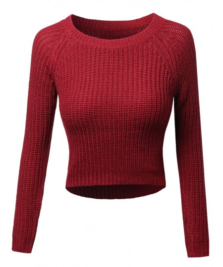 Women's Long Sleeves Round Neck High-Low Knit Crop Top Sweatshirt