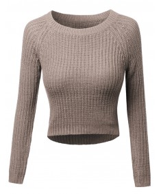 Women's Long Sleeves Round Neck High-Low Knit Crop Top Sweatshirt