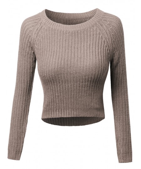 Women's Long Sleeves Round Neck High-Low Knit Crop Top Sweatshirt