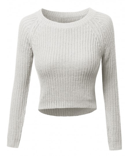 Women's Long Sleeves Round Neck High-Low Knit Crop Top Sweatshirt