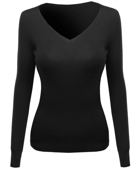 Women's Long Sleeve V-Neck Ribbed Sweater