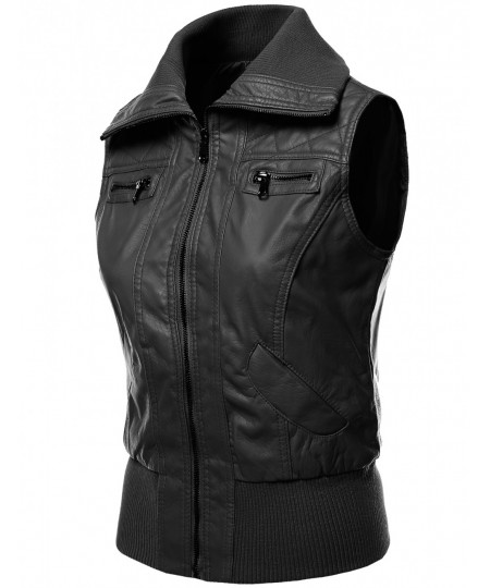 Women's Highneck Biker Bomber Vest Faux Leather Jackets