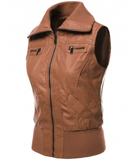 Women's Highneck Biker Bomber Vest Faux Leather Jackets