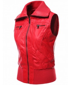 Women's Highneck Biker Bomber Vest Faux Leather Jackets