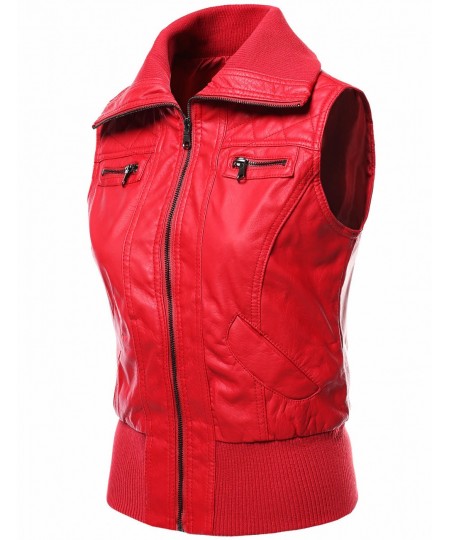 Women's Highneck Biker Bomber Vest Faux Leather Jackets