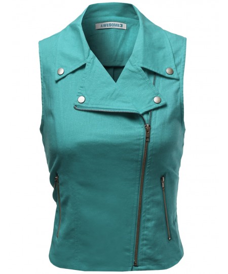 Women's Linen Rayon Motor Rider Style Jacket Vests