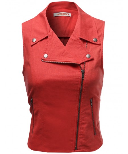 Women's Linen Rayon Motor Rider Style Jacket Vests