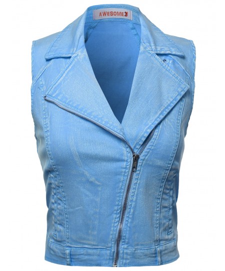 Women's Washed Sleeveless Rider Style Jacket Vests