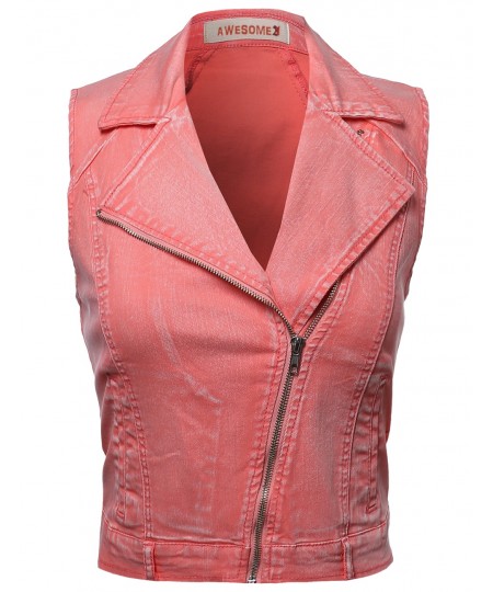 Women's Washed Sleeveless Rider Style Jacket Vests