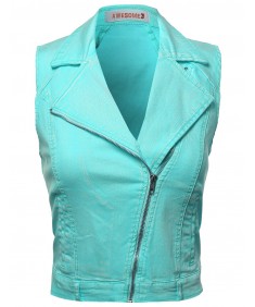 Women's Washed Sleeveless Rider Style Jacket Vests