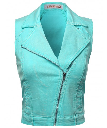 Women's Washed Sleeveless Rider Style Jacket Vests