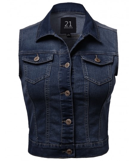 Women's Medium Dark Stone Wash Strechy Denim Vest Plus Size