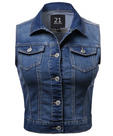 Women's Medium Dark Stone Wash Strechy Denim Vest Plus Size