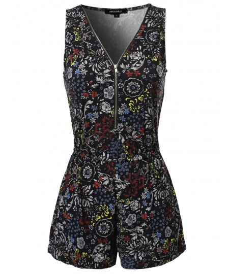 Women's Floral Design Printed Sleeveless Zipper Front Romper