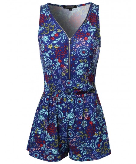 Women's Floral Design Printed Sleeveless Zipper Front Romper